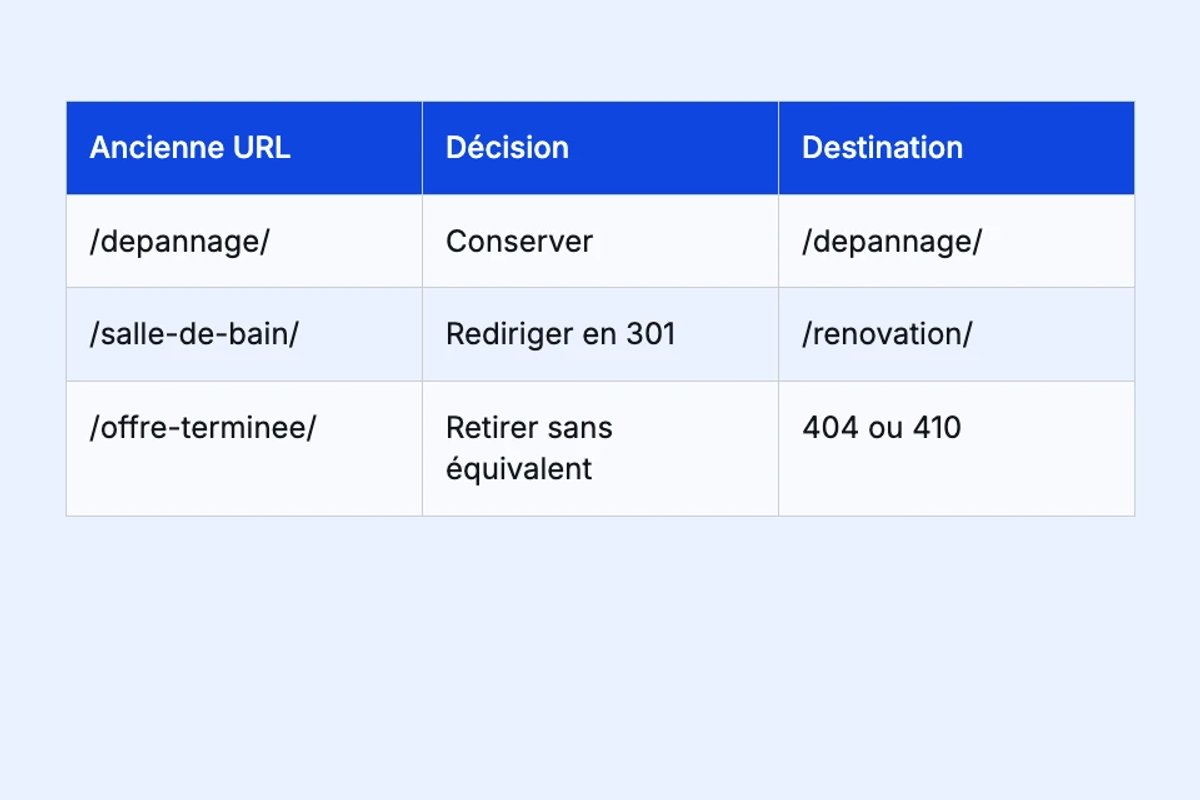 Exemple de plan de correspondance : une URL conservée, une redirection vers une prestation équivalente et une offre retirée.