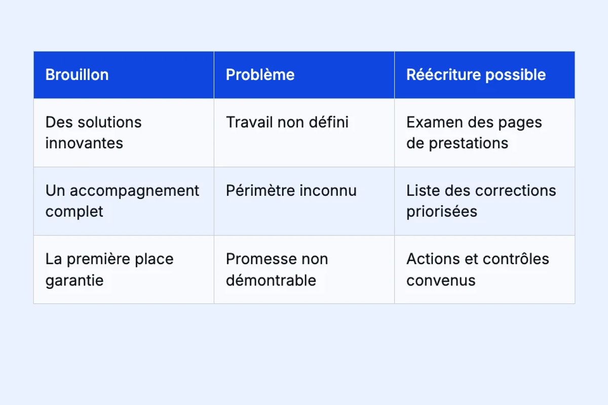 Trois formulations vagues ou non démontrables, avec des réécritures qui décrivent le travail proposé.