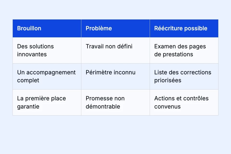 Trois formulations vagues ou non démontrables, avec des réécritures qui décrivent le travail proposé.