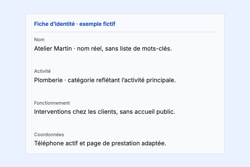 Exemple fictif d’identité pour une entreprise de plomberie qui intervient chez ses clients sans accueil public.