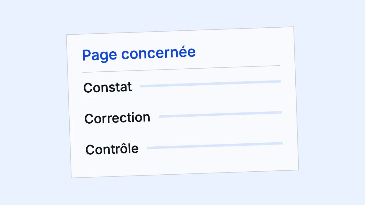 Une fiche d’audit relie la page concernée, le constat, la correction et le contrôle.