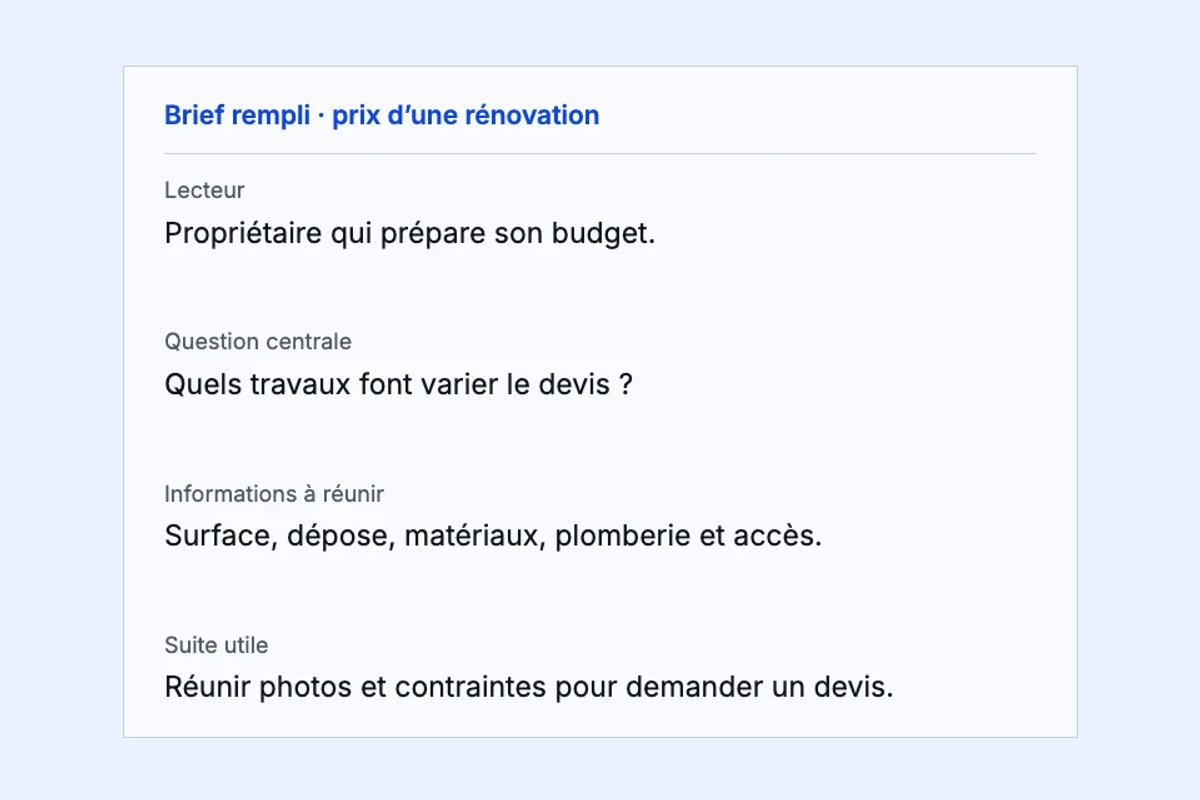 Brief rempli sur le prix d’une rénovation : lecteur, question, informations à réunir et prochaine étape.