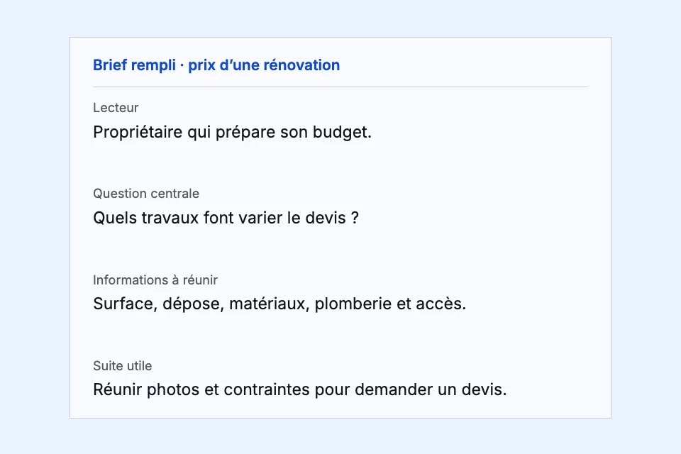 Brief rempli sur le prix d’une rénovation : lecteur, question, informations à réunir et prochaine étape.