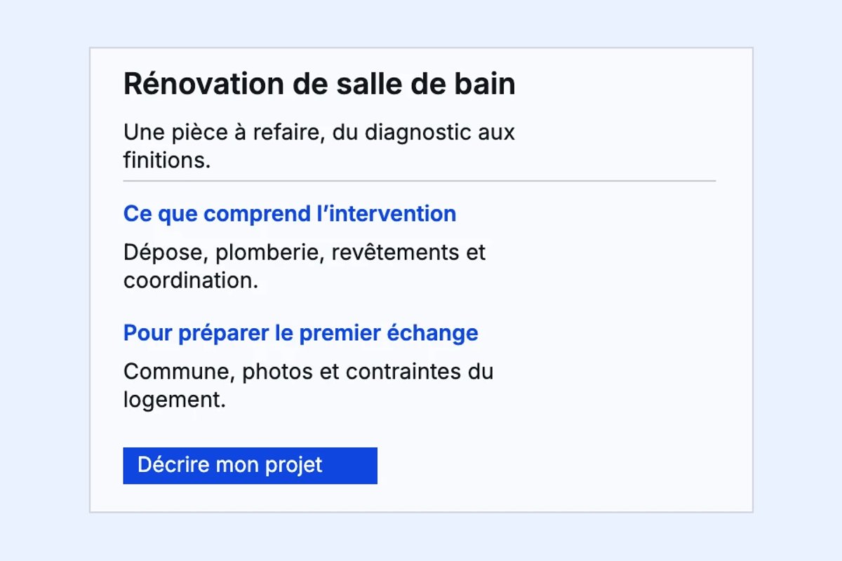 Exemple de contenu d’une page rénovation : prestation, périmètre et éléments à transmettre pour préparer un devis.