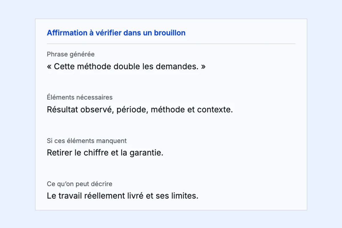 Exemple de vérification d’une garantie dans un brouillon : chercher les preuves ou retirer la promesse.