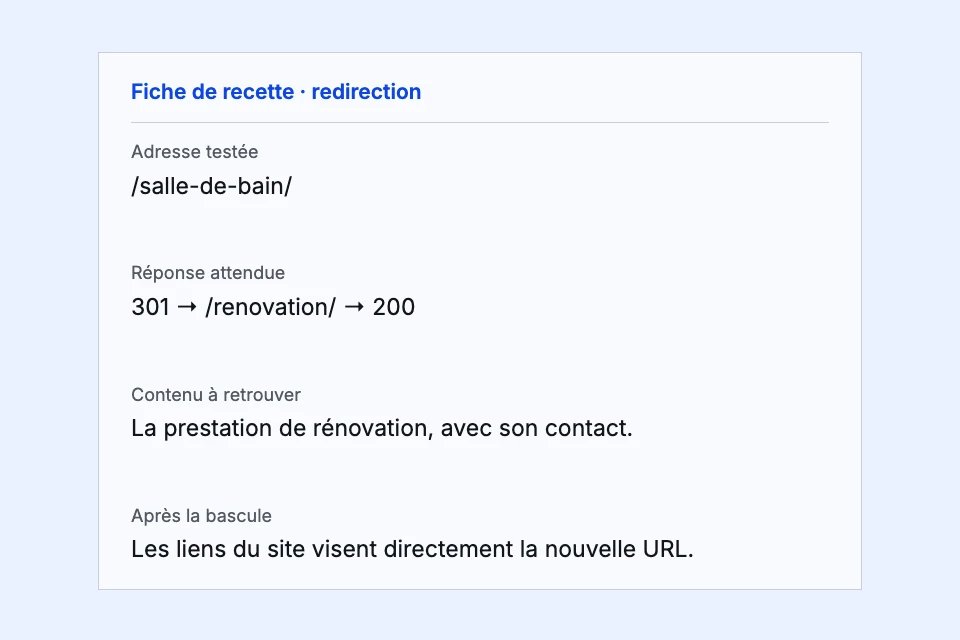 Fiche de recette remplie pour contrôler une redirection, son contenu et les liens après la bascule.