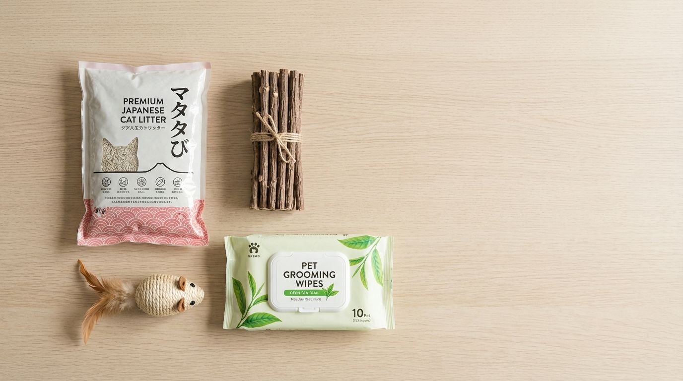 Flat-lay of Japanese pet care products