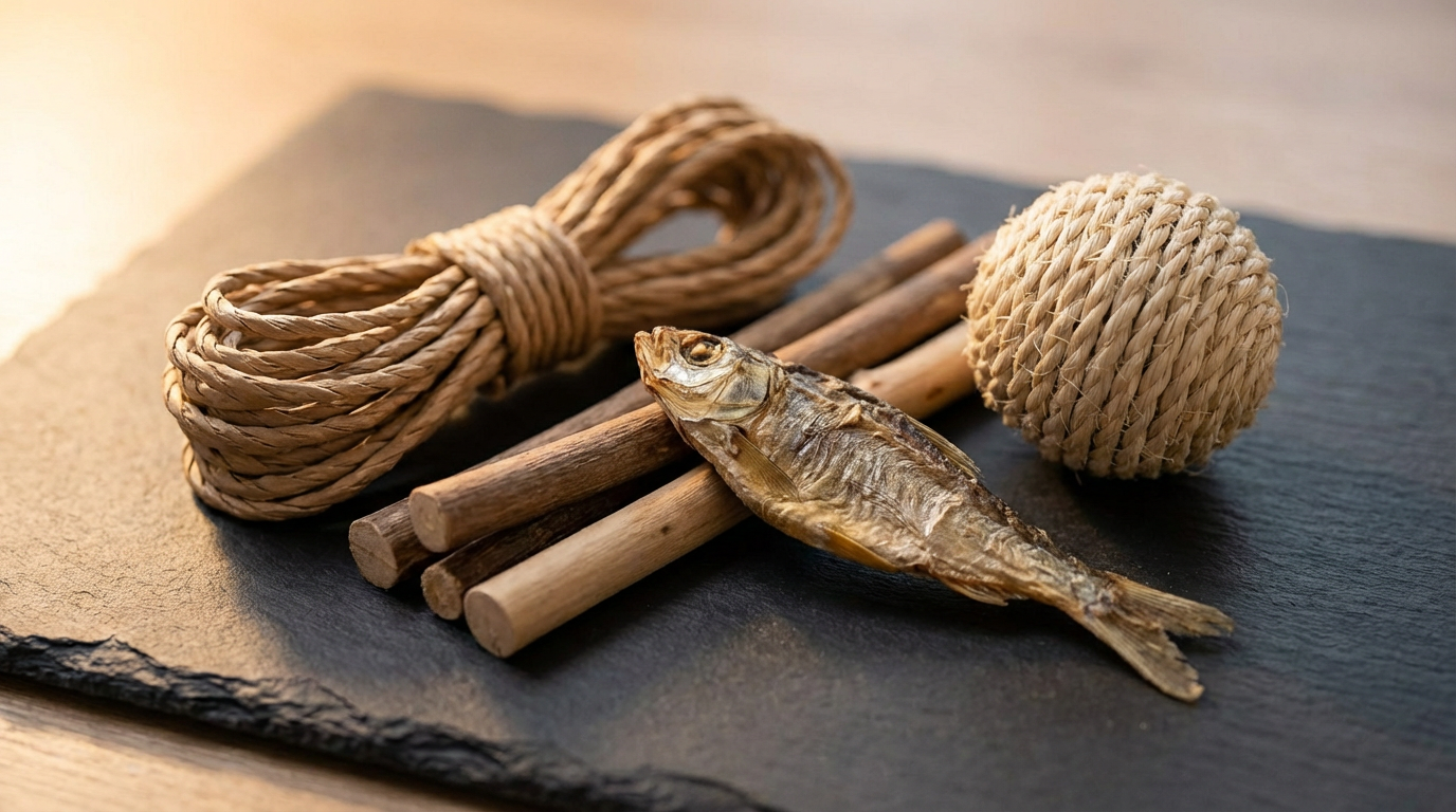 Natürliche Katzenspielzeuge auf Schieferplatte