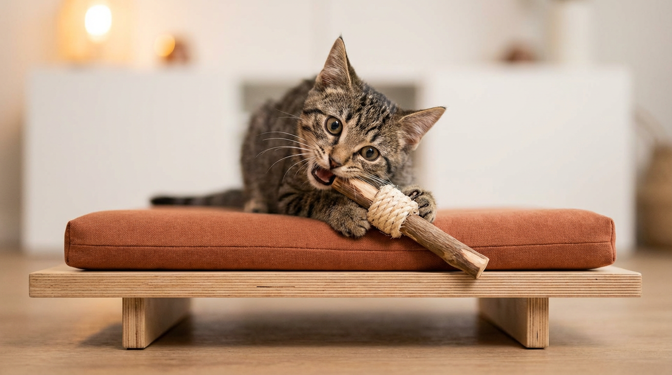 Kitten chewing on natural wood toy on Japanese platform