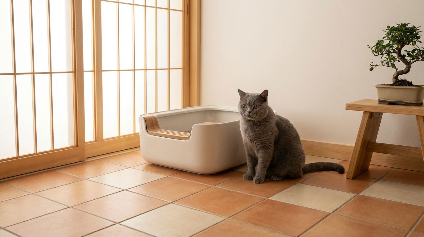 Katze neben offenem Katzenklo in japanischem Interieur