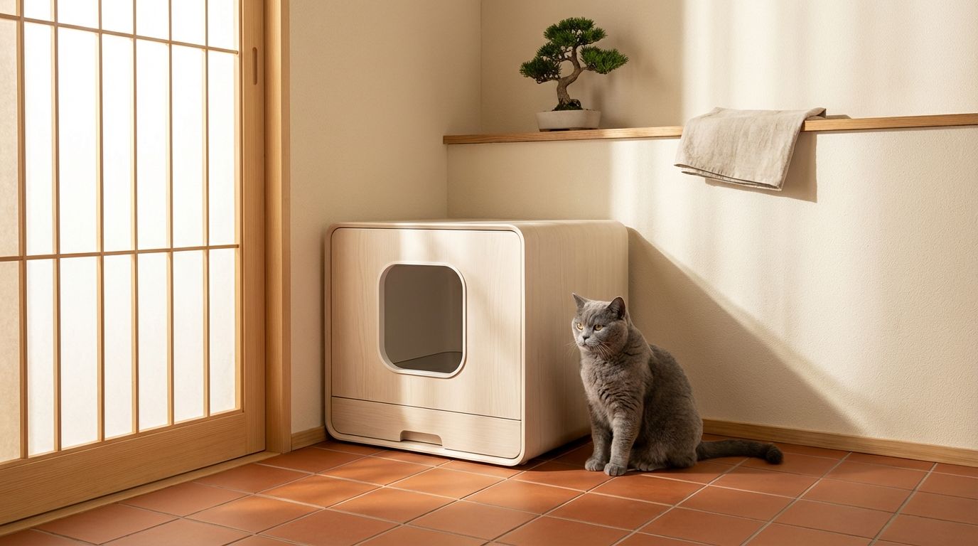 Katze neben einem modernen Katzenklo in japanischem Interieur