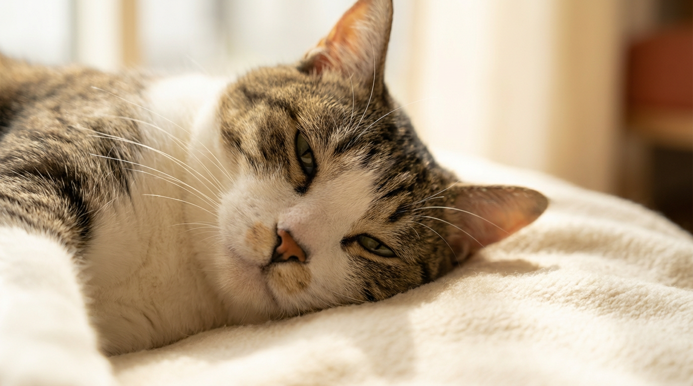 Entspannte Katze auf weicher Decke