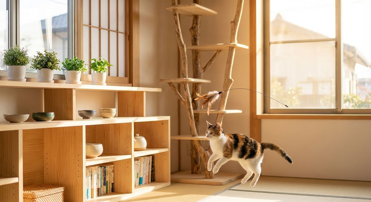 Aktive Katze in einem gut ausgestatteten japanischen Raum