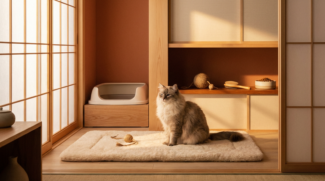 Cat in a serene Japanese room with JPC care products