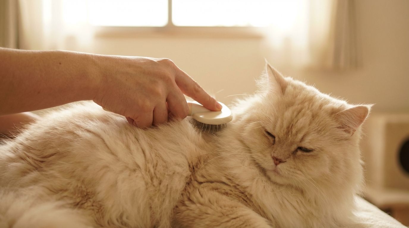 Person grooming a fluffy Persian cat with a Japanese brush