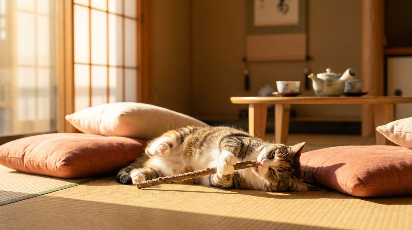 Cat playing with Matatabi stick on tatami mat