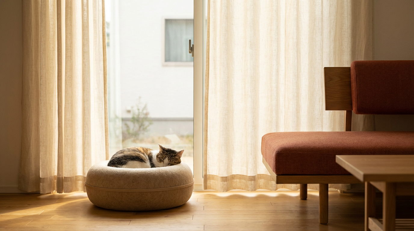 Cat sleeping peacefully in a round felt bed