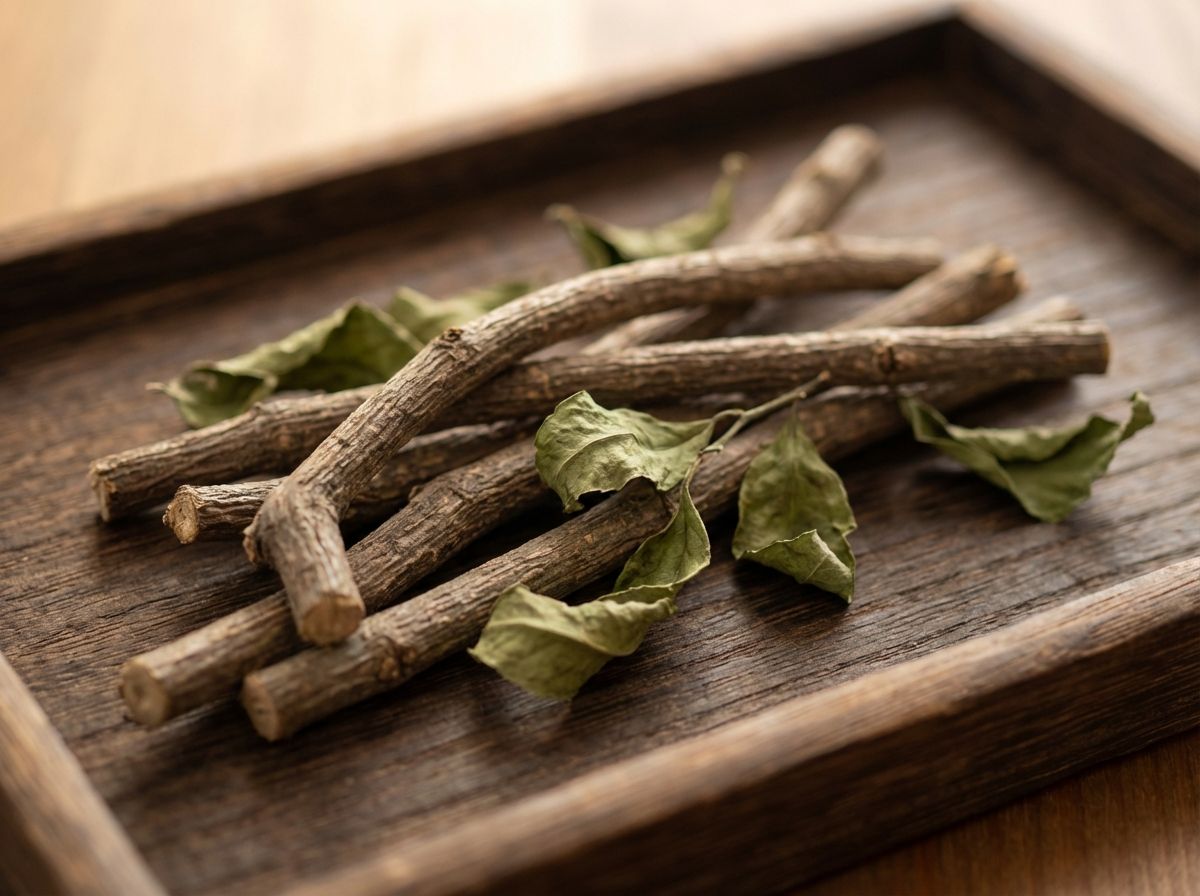 Getrocknete Matatabi-Stäbchen auf japanischem Holztablett