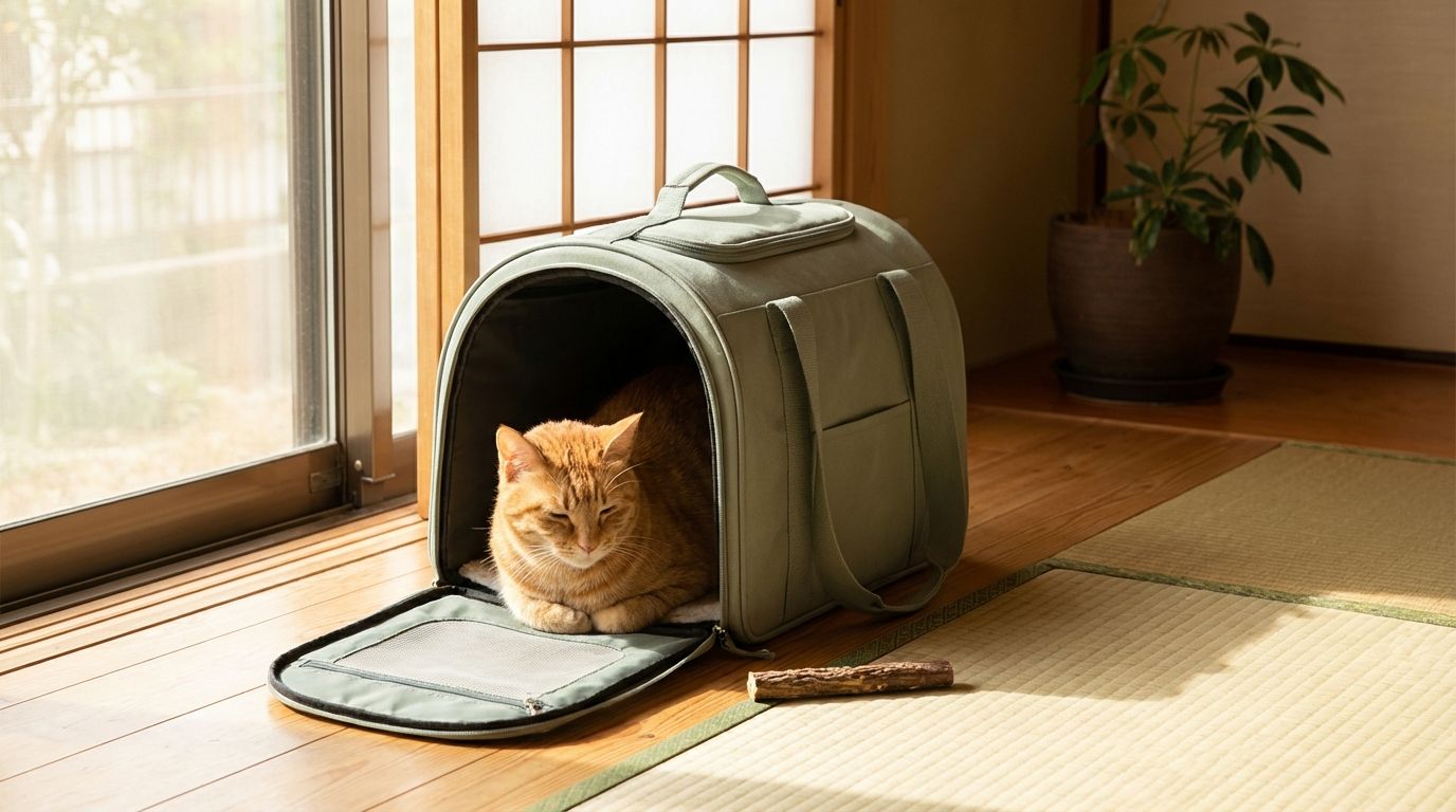 Cat calmly sitting in pet carrier with Matatabi stick