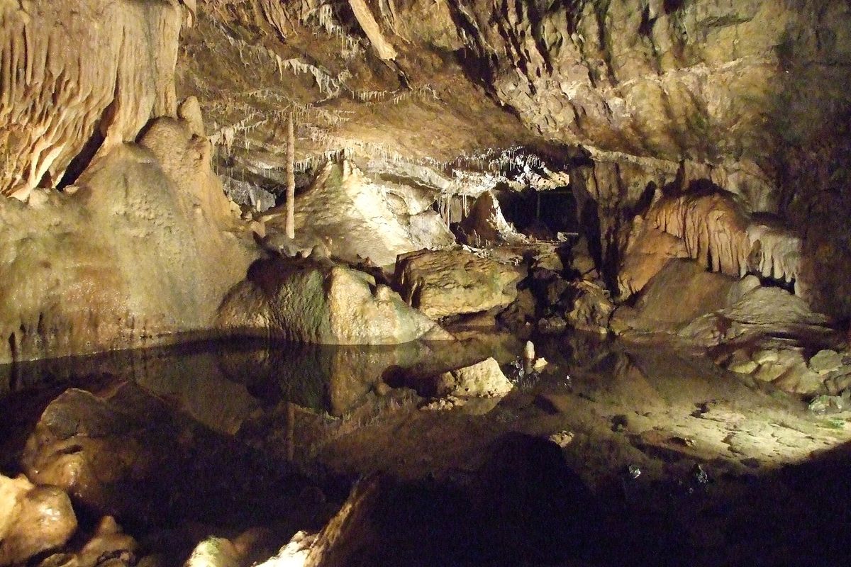 Druipsteen en een ondergronds meertje in de grotten van Hotton