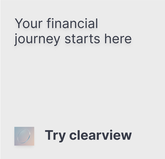 Online advertisement banner with "Your financial journey starts here" headline and "Try clearview" call-to-action button