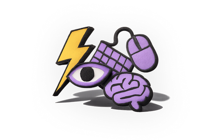 A colorful illustration featuring a yellow lightning bolt, purple eye with keyboard pattern, purple computer mouse, and purple brain icon arranged together.