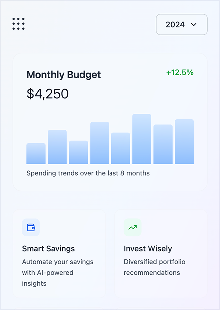 Financial dashboard mockup displaying monthly budget, spending trends bar chart, and sections for Smart Savings and Invest Wisely features