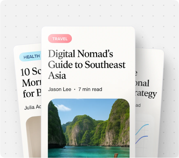 A blog layout showing travel and health content cards. Featured article titled 'Digital Nomad's Guide to Southeast Asia', accompanied by a scenic photo of limestone cliffs and turquoise waters in Southeast Asia.