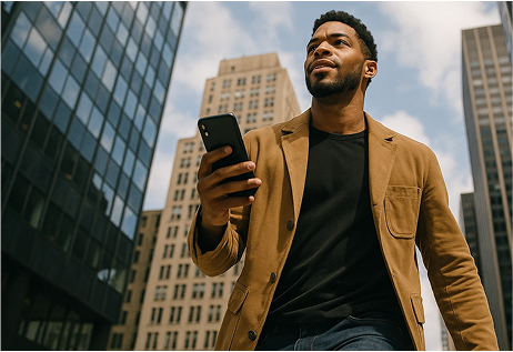 Professional man in tan blazer holding smartphone in urban setting with overlaid text labels "Simple," "Intuitive," and "Secure"