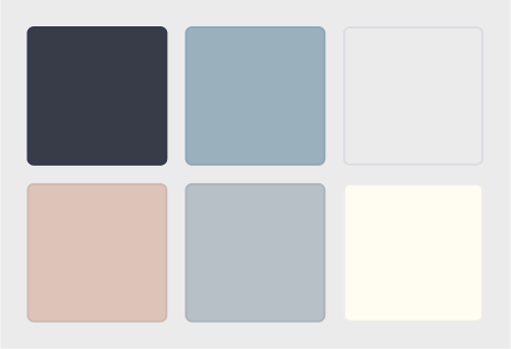 Color palette grid showing six color swatches including dark gray, dusty blue, light gray, blush pink, medium gray, and cream