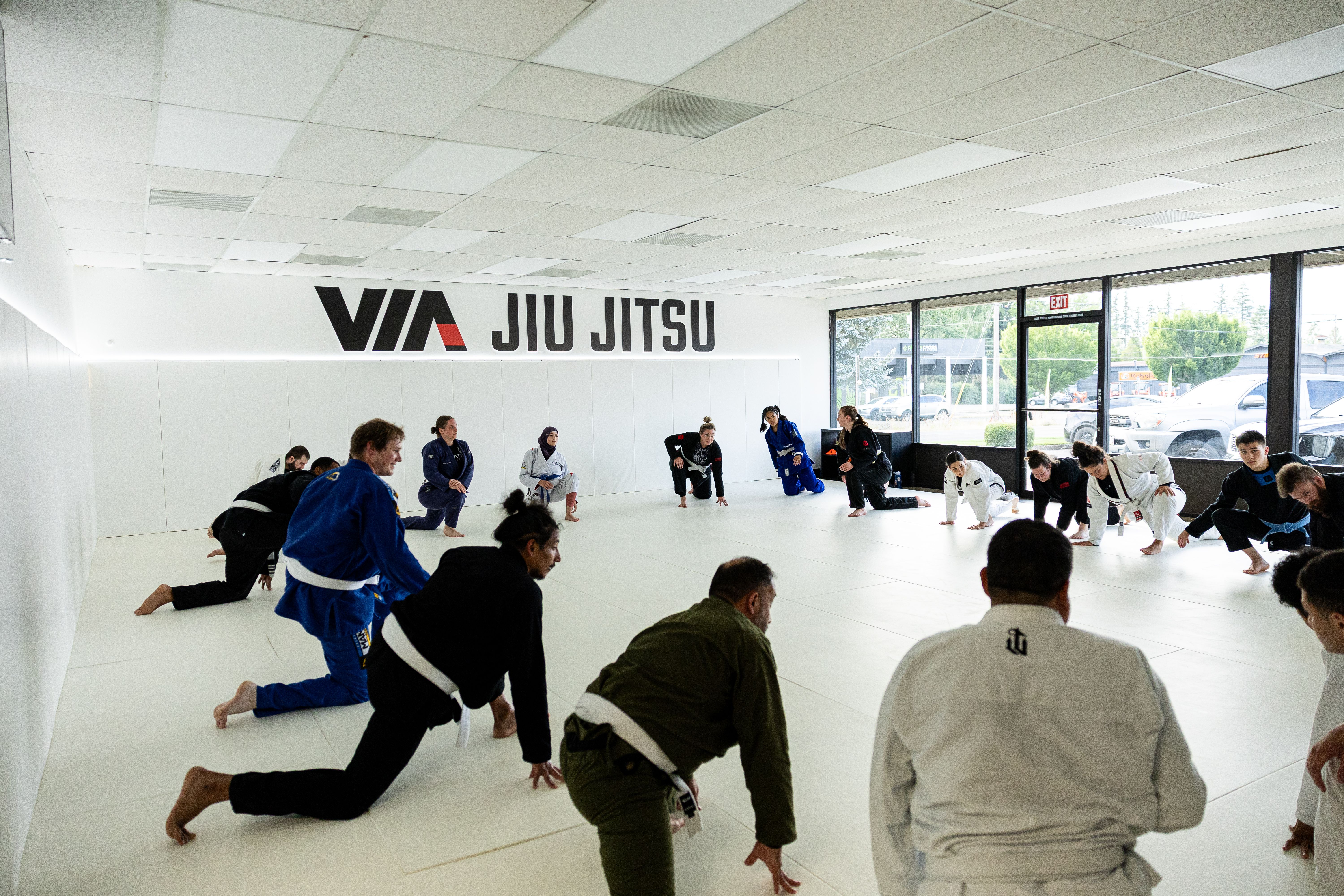Students smiling while training jiu-jitsu at Via Jiu Jitsu