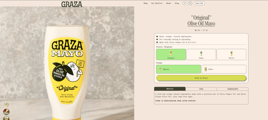 Graza Original Olive Oil Mayo product page showing bold brand packaging, ingredient callouts, flavor and format selectors, and an inline ingredients tab — a product page that leads with personality while making the "what's actually in this" objection impossible to miss.