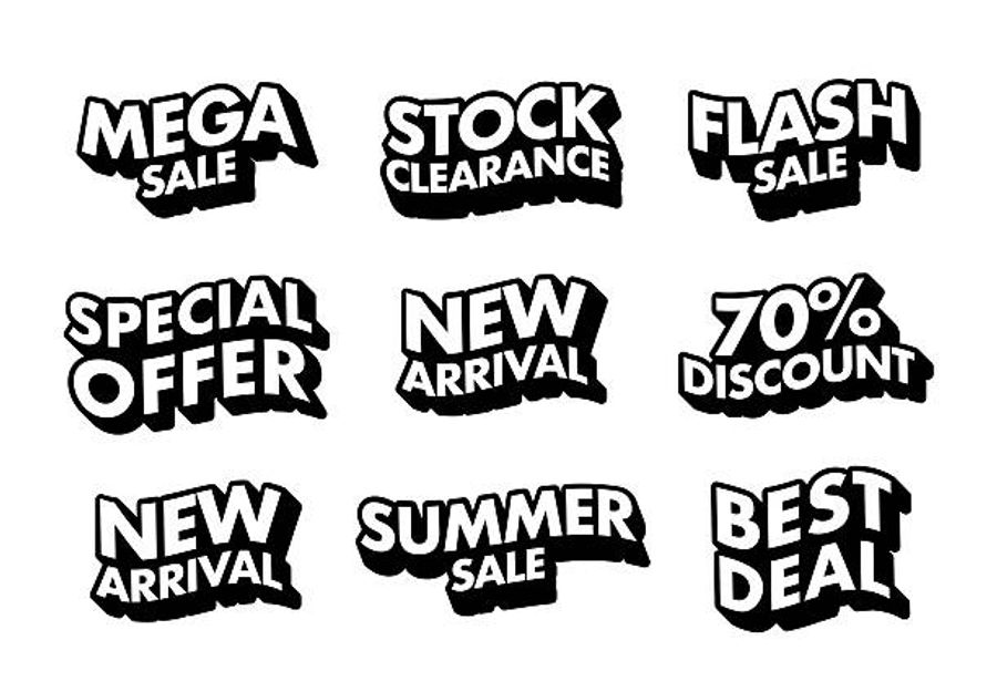 Nine bold black and white promotional sticker designs reading mega sale, stock clearance, flash sale, special offer, new arrival, 70% discount, summer sale, and best deal