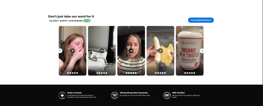 Senzu Health UGC video review carousel showing 20,000 happy customers with five star ratings alongside a trust bar featuring made in Canada, 100 day money back guarantee, and GMP certified badges.