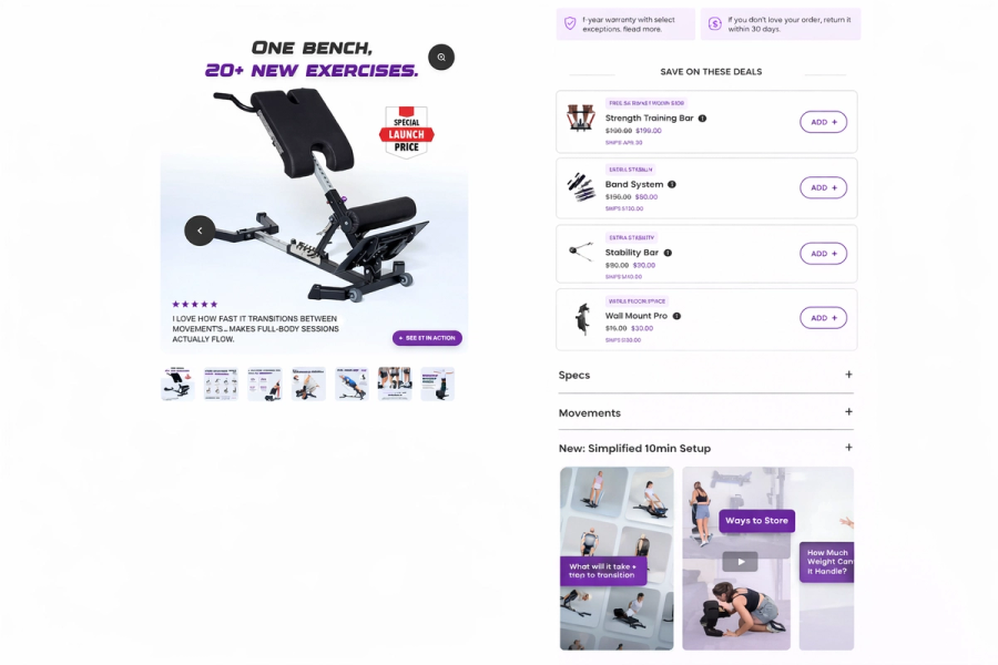 Fitness equipment product page showing a multi-use workout bench with a special launch price badge, customer review quote, add-on accessories upsell section, and expandable specs and setup accordion tabs.