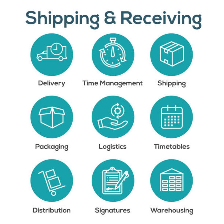 Shipping & Receivingâ showing nine logistics functions with icons: delivery, time management, shipping, packaging, logistics, timetables, distribution, signatures, and warehousing
