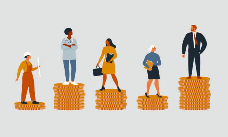 Five diverse professionals standing on progressively taller stacks of coins, illustrating different levels of income or financial growth across industries and career paths.
