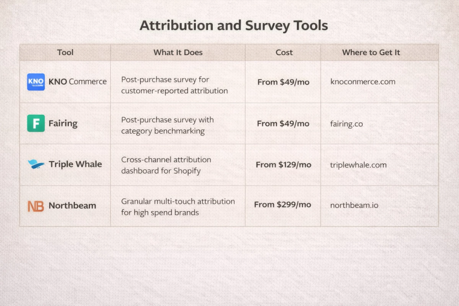 Attribution and survey tools table for Shopify showing KNO Commerce, Fairing, Triple Whale, and Northbeam, with columns for features, monthly pricing, and where to access each platform.