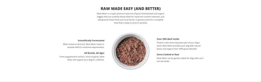 7:13 PMMeat Mixer dog food product page benefit section showing a bowl of raw freeze dried beef mix with four key benefit callouts covering scientific formulation, all breeds and ages, high beef protein content, and cooked or raw serving options.