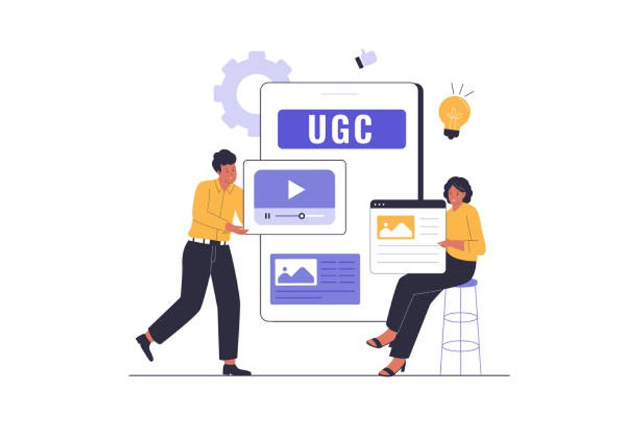 Illustration of two people creating and sharing user-generated content including video and images on a mobile device