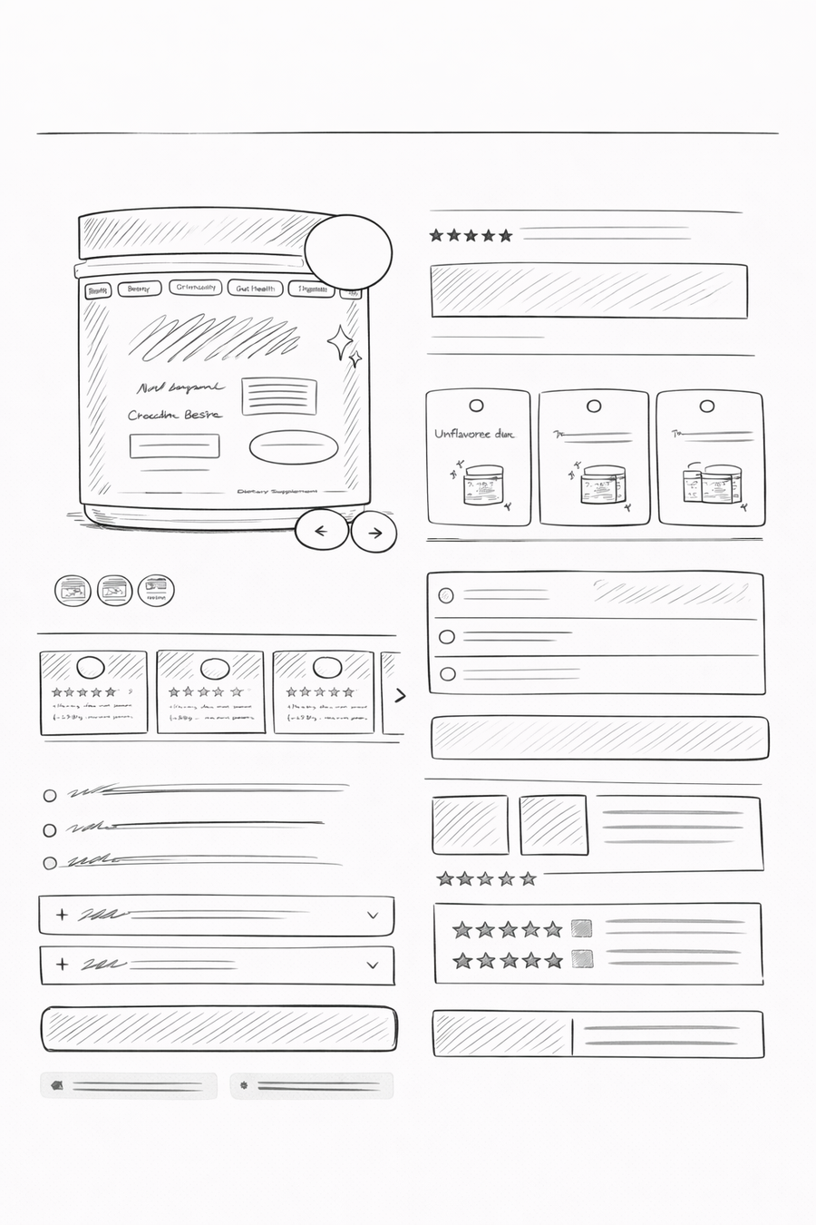 Wireframe sketch of a supplement product page layout showing the hero image, product variants, trust icons, customer review carousel, benefit bullet points, FAQ accordion, and star rated review section.