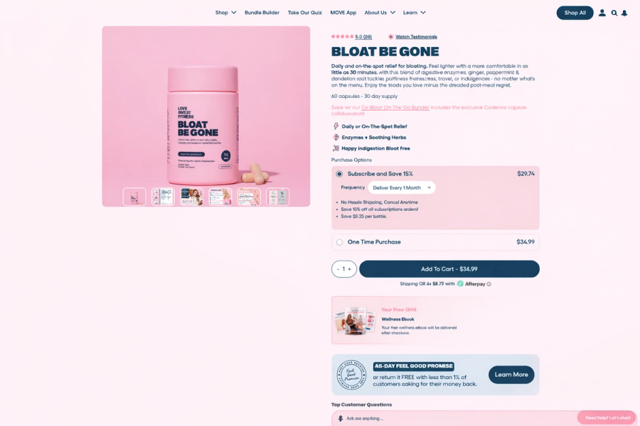 Bloat Be Gone supplement product page showing the hero buy block with subscribe and save option, free gift offer, 45 day feel good promise guarantee, and top customer questions section.