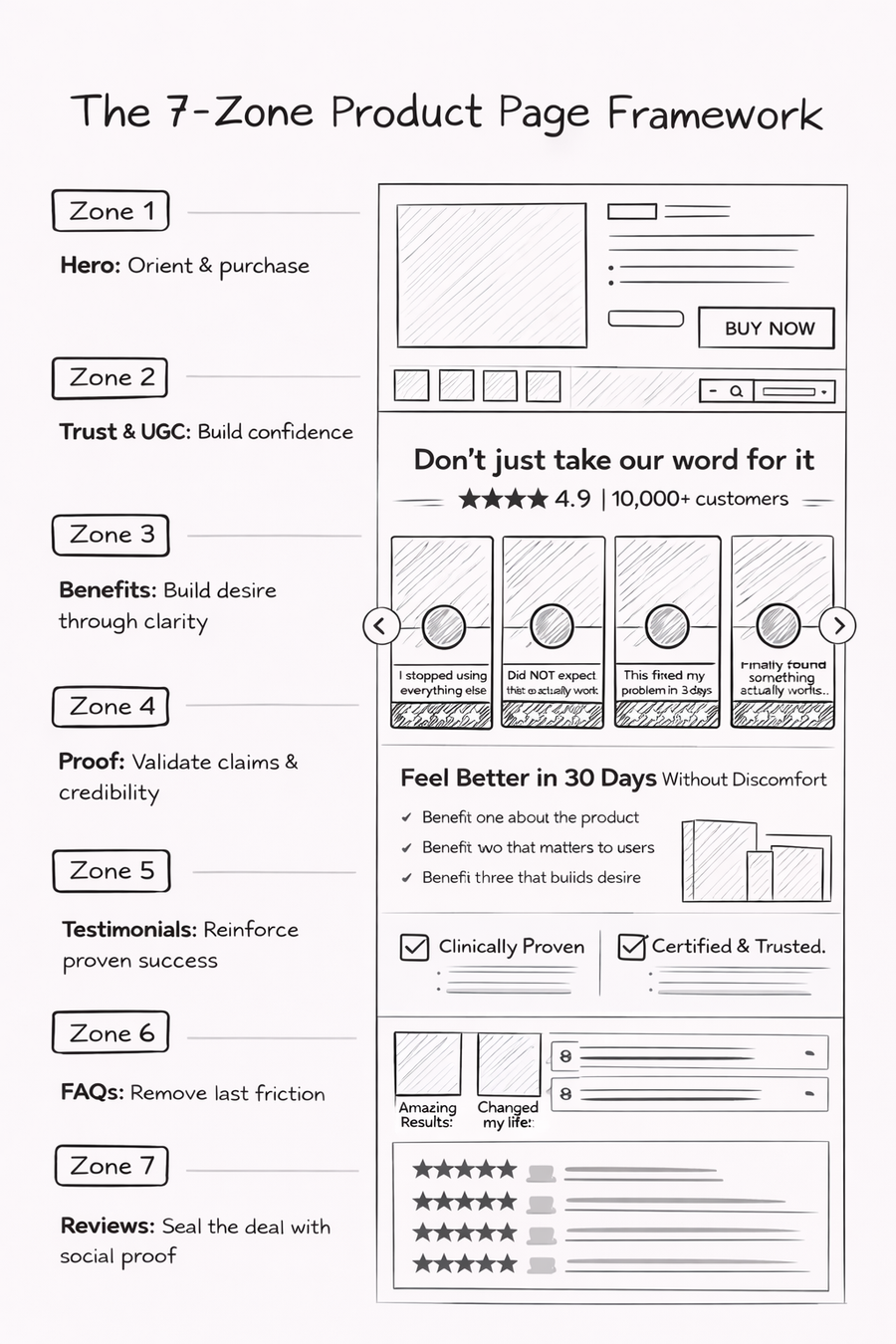 Diagram of the 7 zone product page framework showing the recommended layout and conversion purpose of each zone from the hero section at the top down to the review section at the bottom.