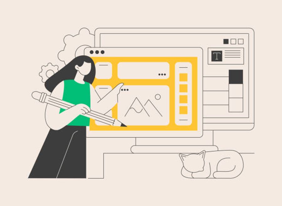 A illustrated woman holding a large pencil while arranging content blocks on a large screen, representing website design and layout optimization
