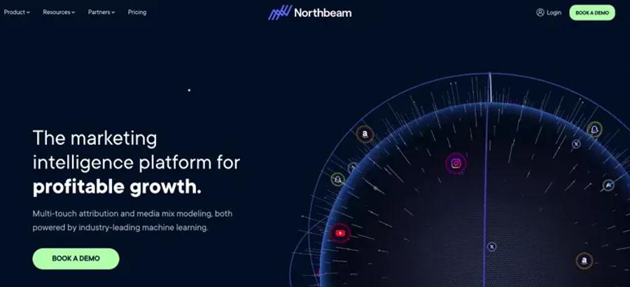 Northbeam homepage showing their marketing intelligence platform with the headline "The marketing intelligence platform for profitable growth" and a visual of interconnected marketing channels displayed as a radar style diagram.