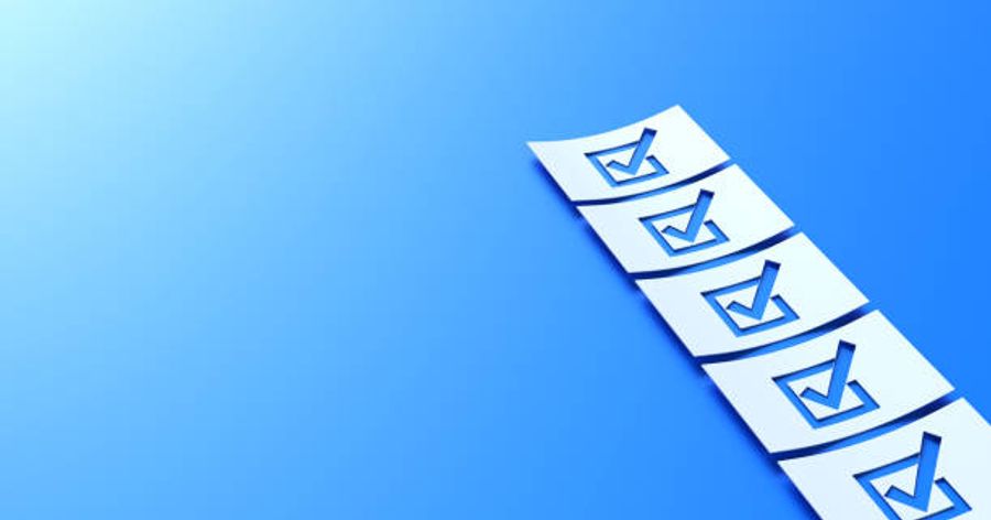A row of white checkboxes with blue checkmarks on a blue background representing a checklist or audit process