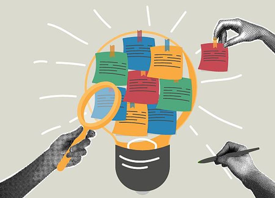 Illustration of a lightbulb filled with colorful sticky notes, with hands placing notes, writing, and examining them with a magnifying glass, symbolizing idea generation, brainstorming, and research.