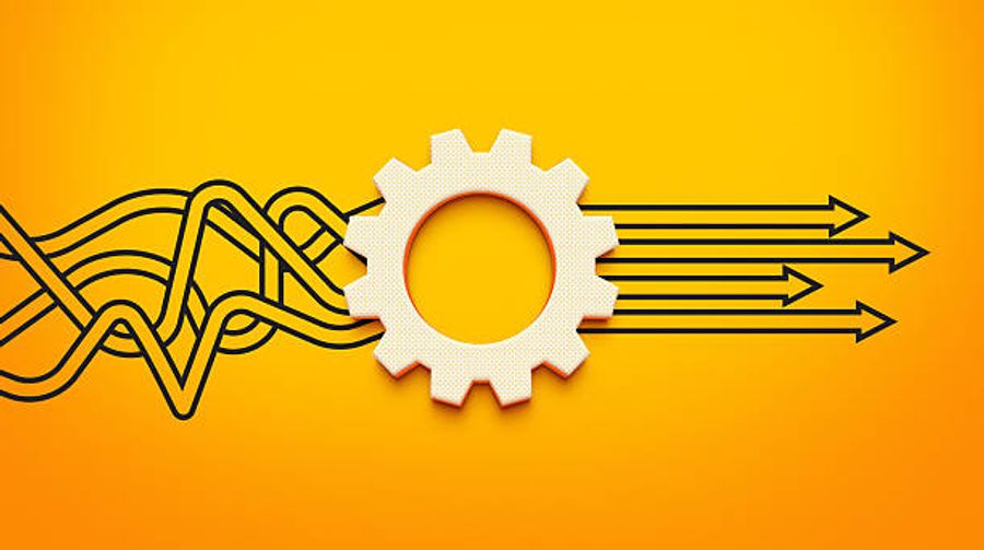 Abstract illustration of a gear turning messy tangled lines into straight, organized arrows, representing process optimization and systemization