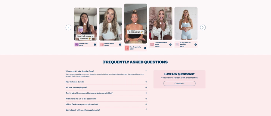 Bloat Be Gone product page showing a shoppable UGC video carousel with linked products and prices followed by a frequently asked questions accordion section covering usage timing, safety, dietary compatibility, and supplement stacking.