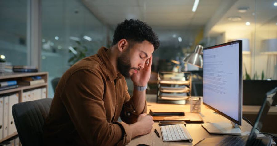 Man sitting at a desk late at night, looking stressed and holding his head while working on a computer, suggesting burnout or work overload